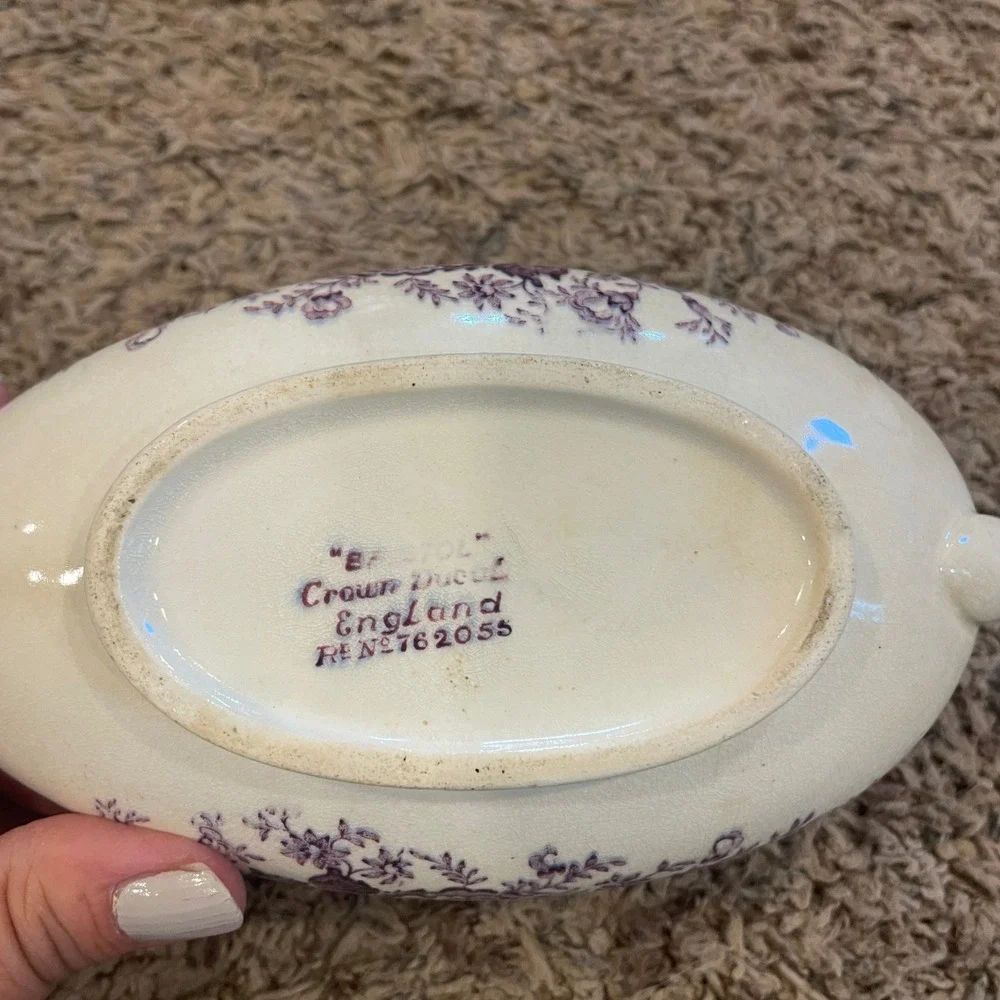 Vintage Crown Ducal Bristol Purple Transferware Gravy‎ Boat England Birds Floral